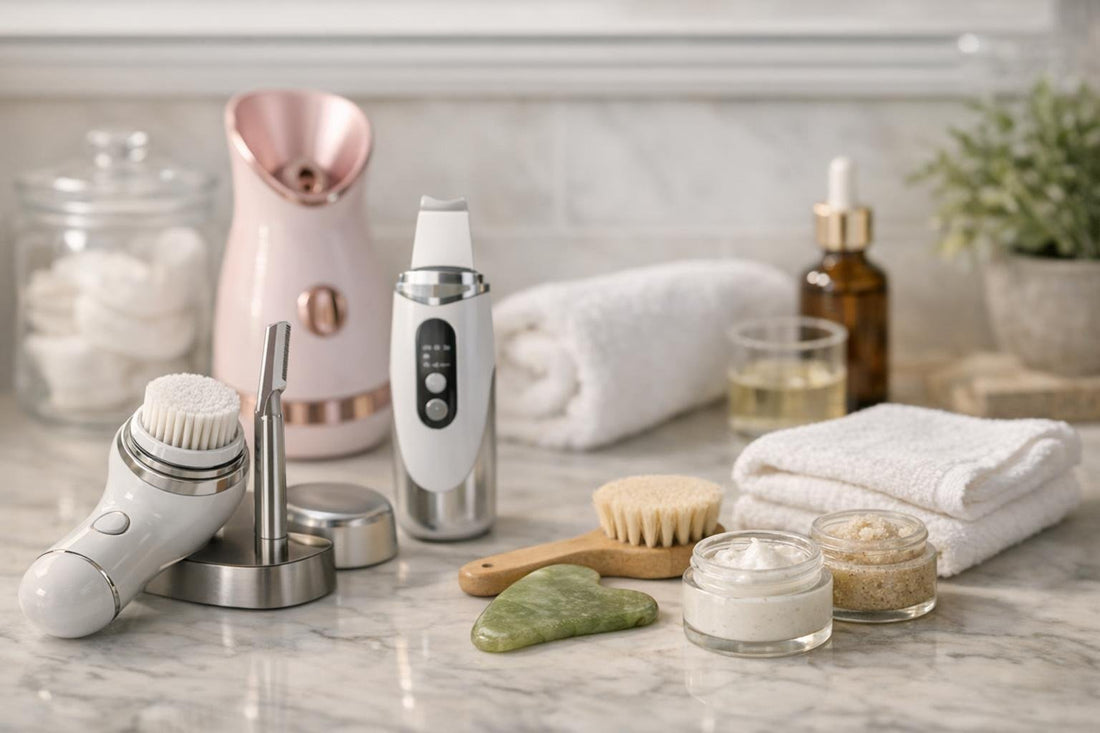 assorted beauty tools and accessories on counter
