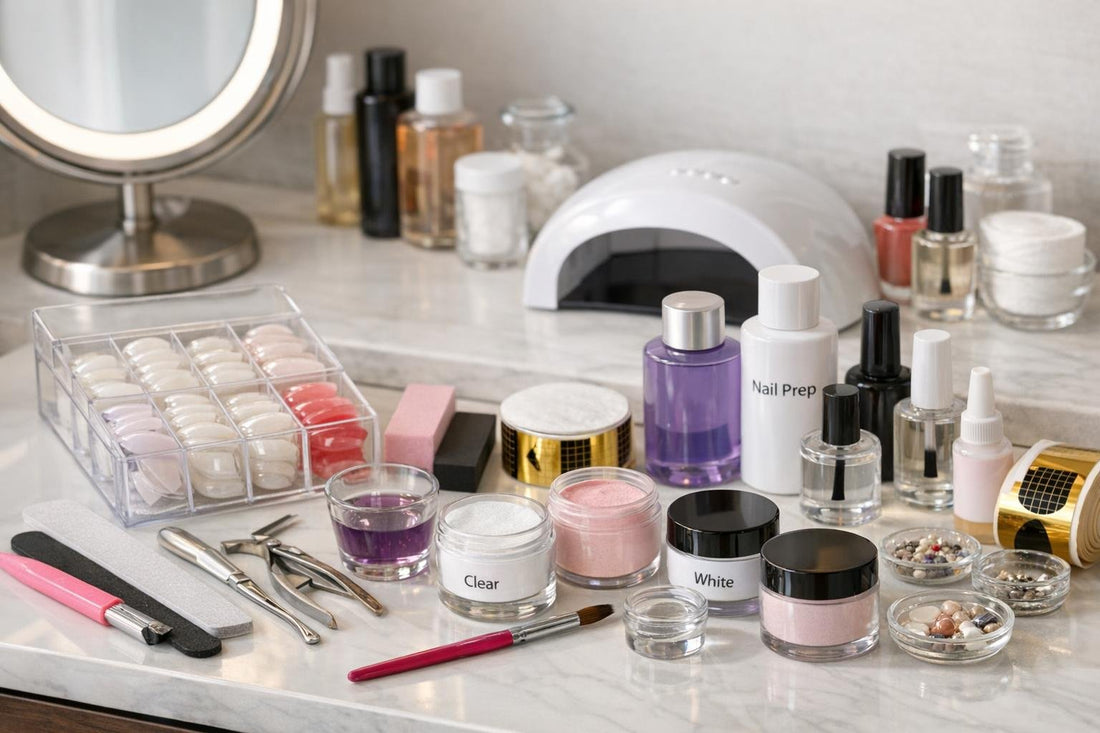 Beginner acrylic false nail kit essentials laid out at home