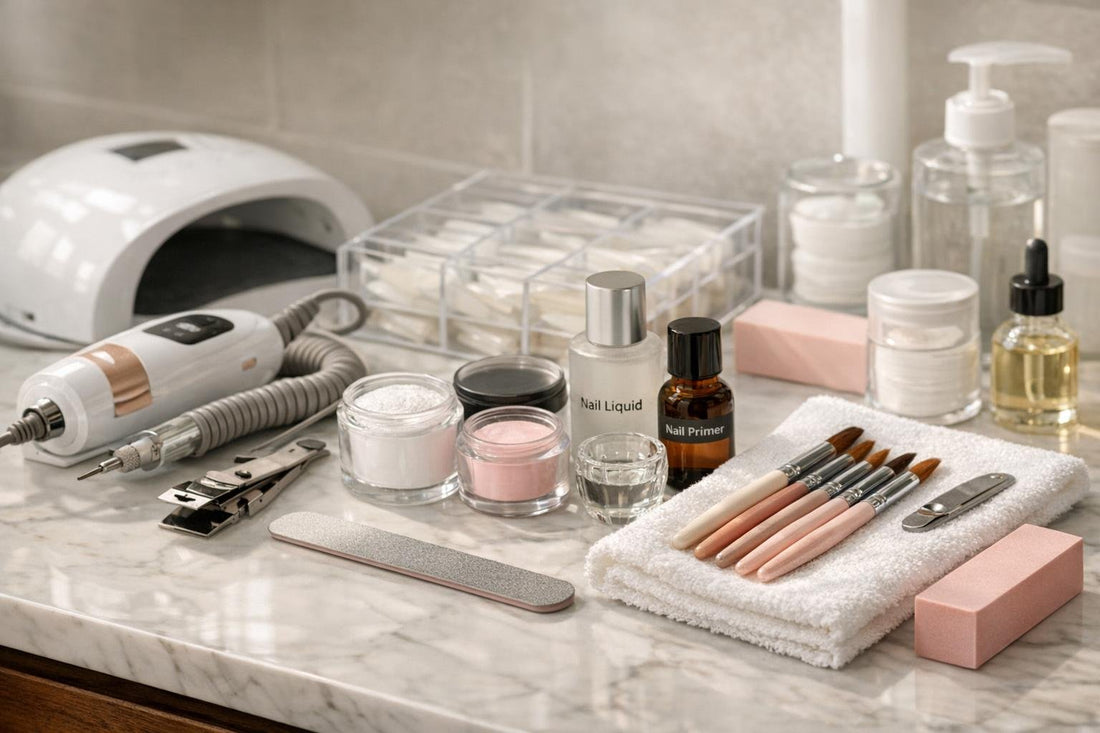 Beginner acrylic nail tools laid out for home setup