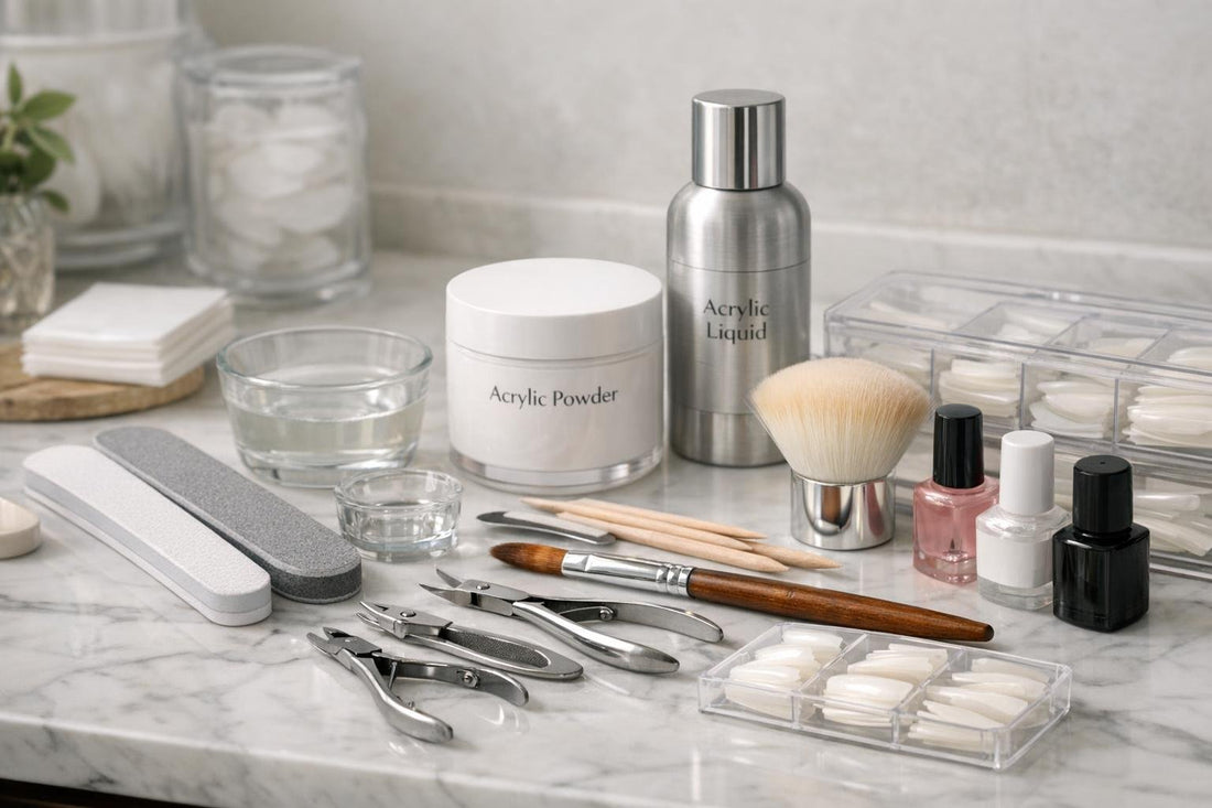 Beginner acrylic nail tools laid out for at-home sets