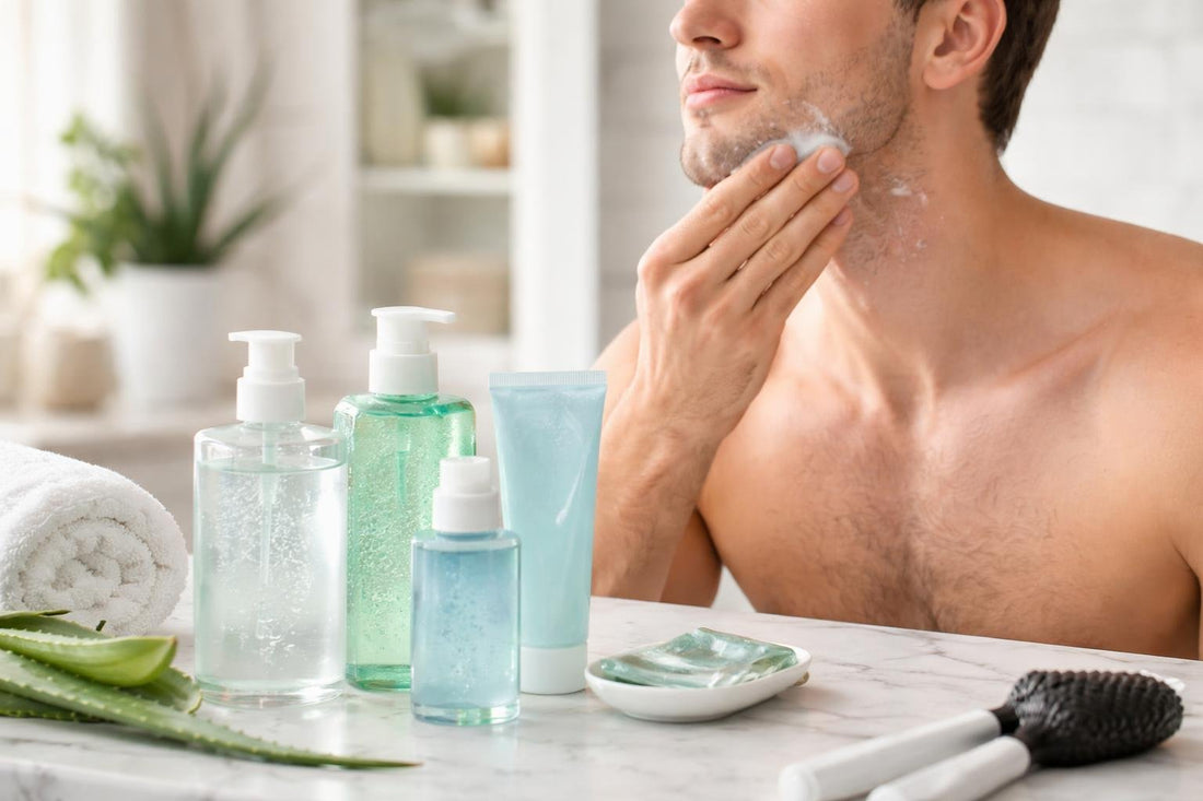 Beginner applying soothing after shave gel to calm redness