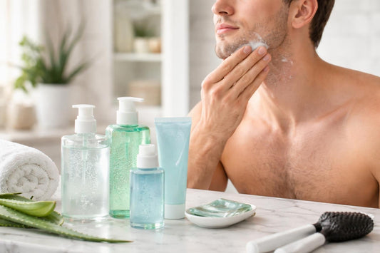 Beginner applying soothing after shave gel to calm redness