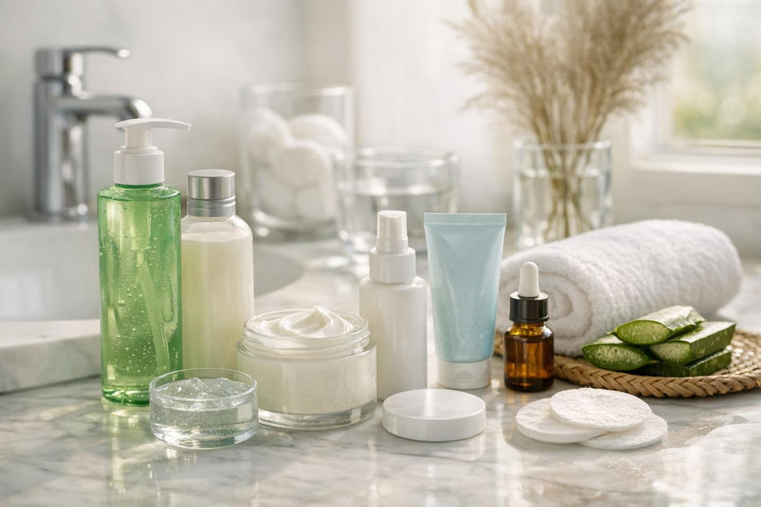 Beginner after sun skin care essentials on bathroom counter