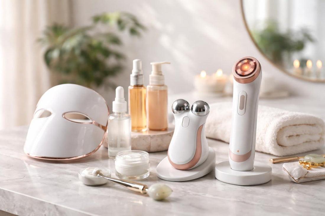 Beginner using an at-home anti aging facial device