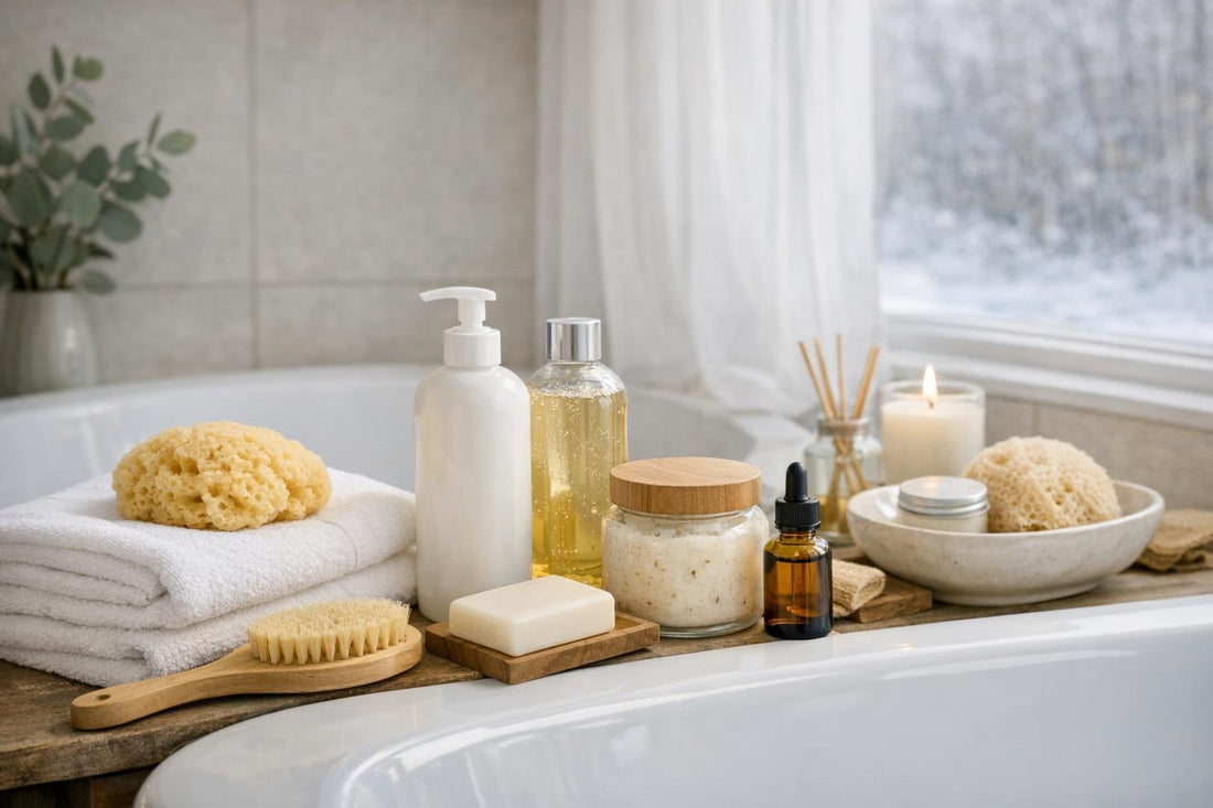 Beginner bath and body essentials arranged by the tub