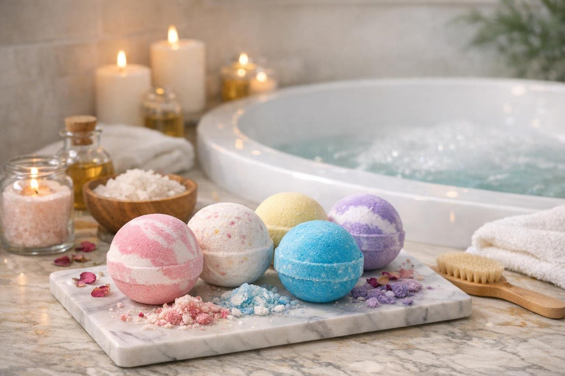 Beginner bath bombs collection beside a warm relaxing bath