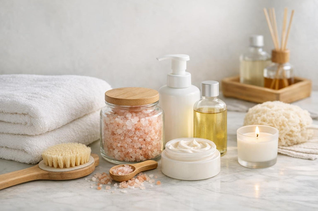 Beginner bath essentials arranged beside towel and bath salts