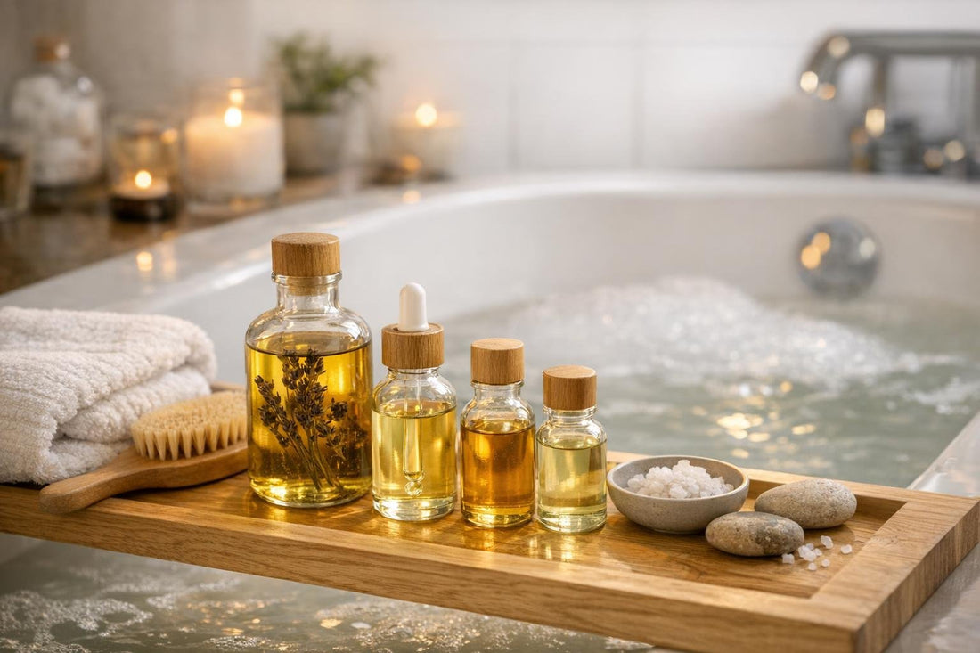 Beginner aromatherapy bath oils beside a warm Canadian bathtub