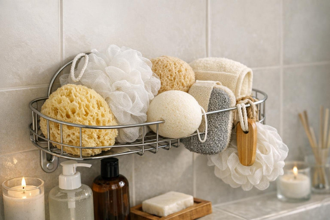 Beginner-friendly bath sponges in a clean shower caddy