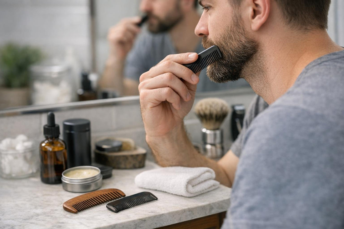 Beginner using a beard and mustache comb at home