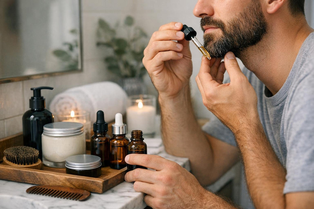 Beginner applying beard oil for softer, less itchy beard