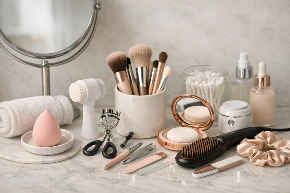 Beginner-friendly beauty tools and accessories laid out neatly