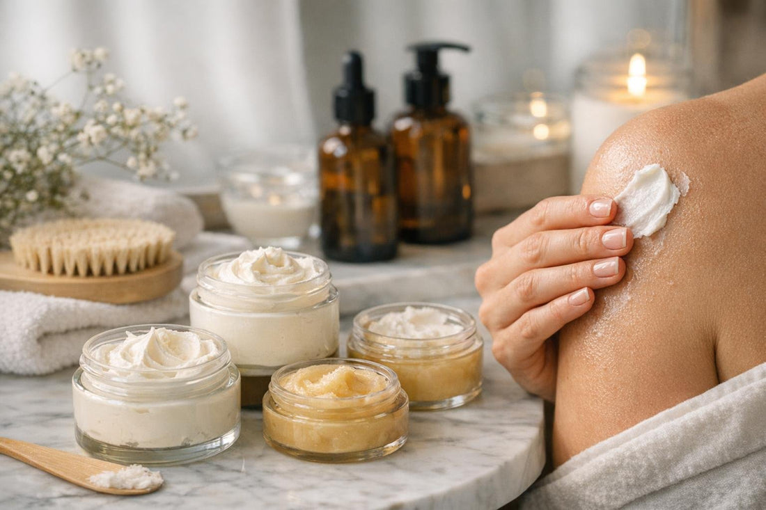 Whipped body butter being applied to dry winter skin