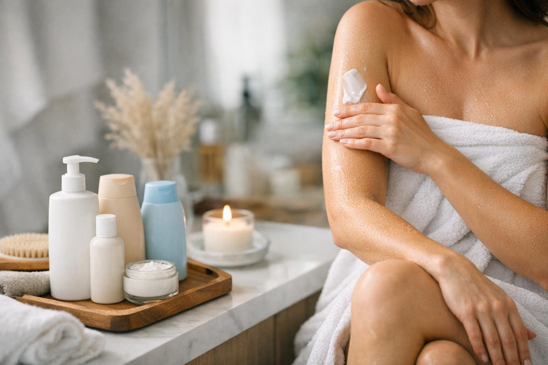 Beginner applying body lotion on arms after shower