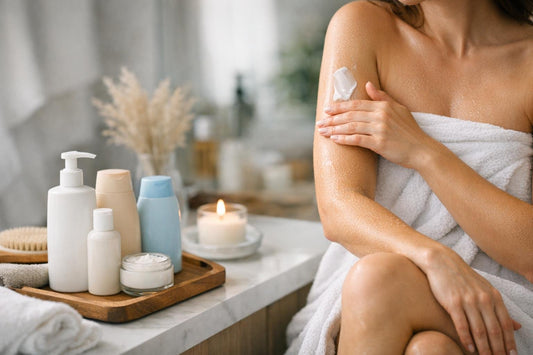 Beginner applying body lotion on arms after shower