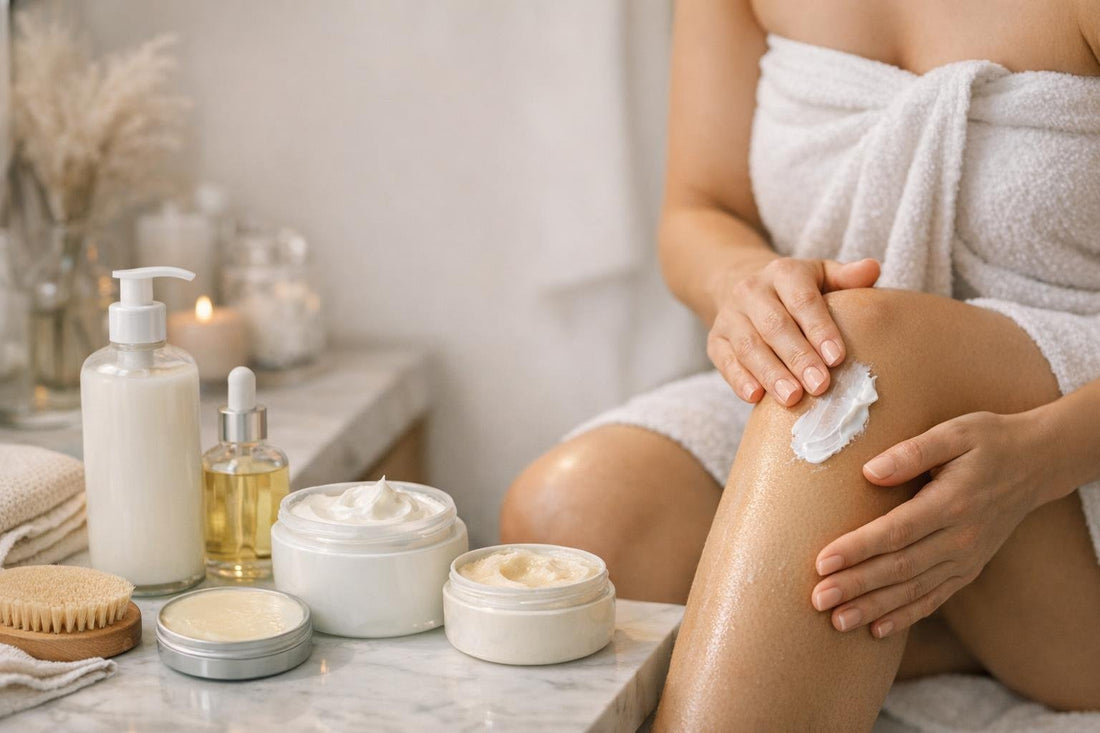 Beginner applying body cream after shower in bathroom