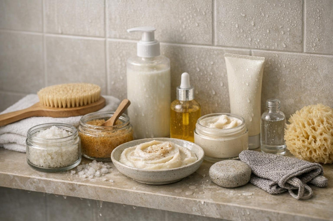 Beginner body scrub and treatment routine in shower