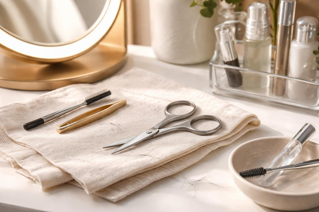Beginner trimming eyebrows with precision eyebrow scissors at home