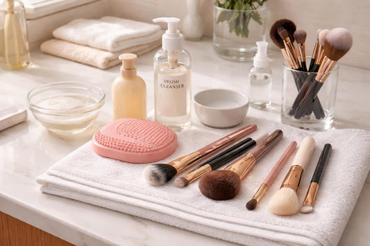 Beginner makeup brush cleaner essentials laid out on towel