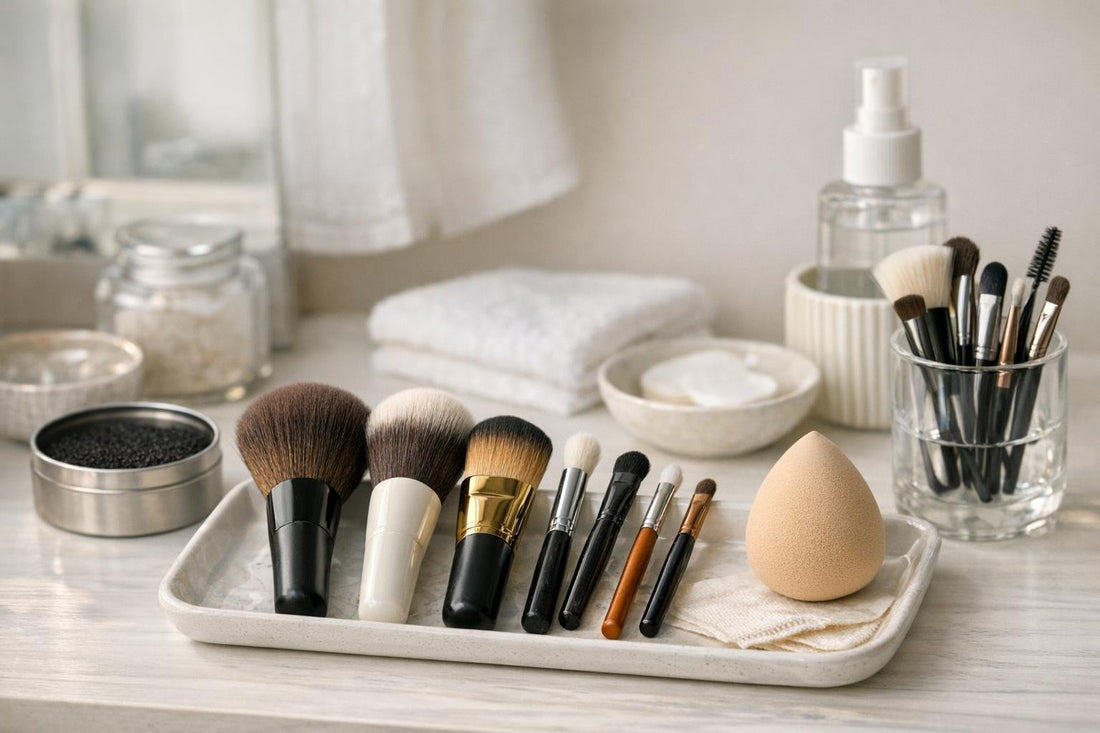 Beginner brushes portfolio arranged on vanity