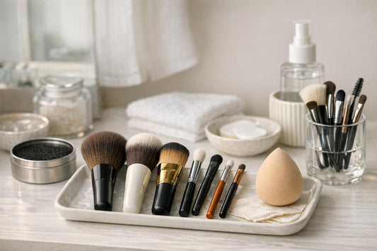 Beginner brushes portfolio arranged on vanity
