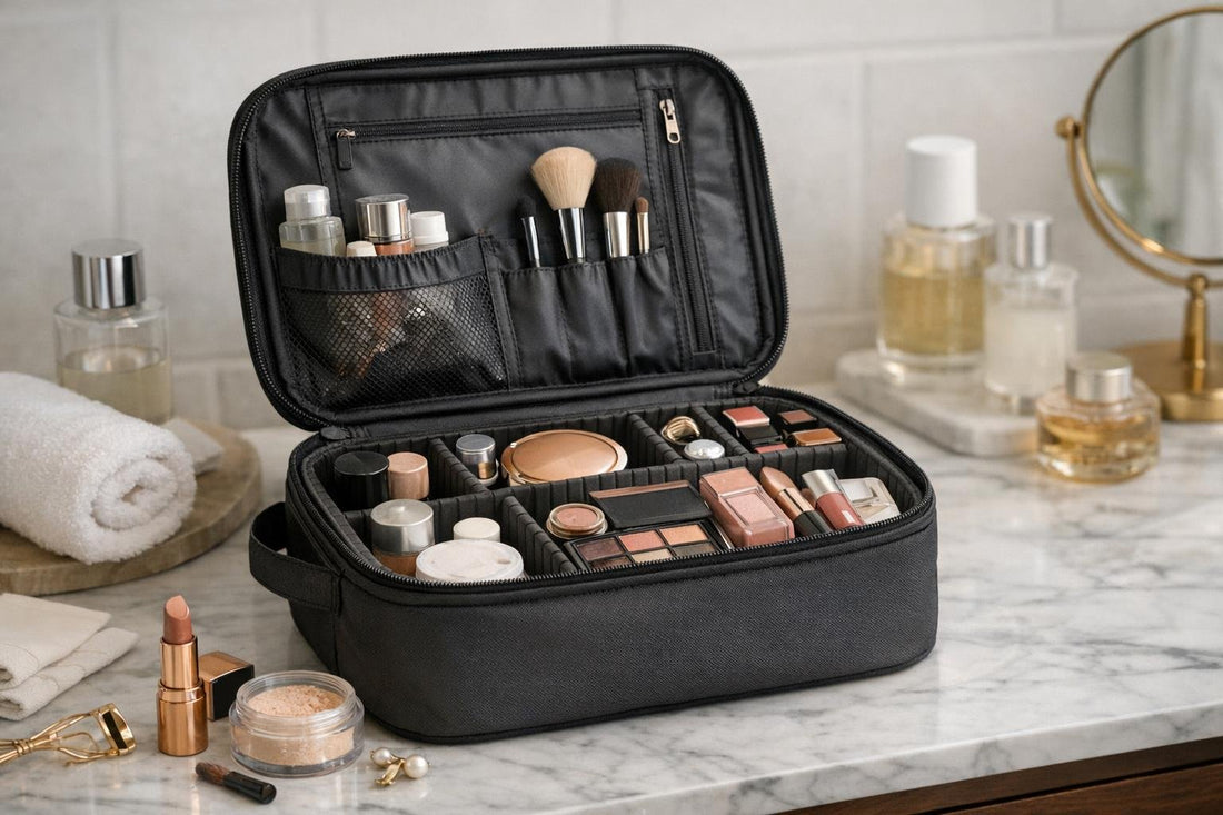 Beginner cosmetic travel case with compartments and makeup essentials