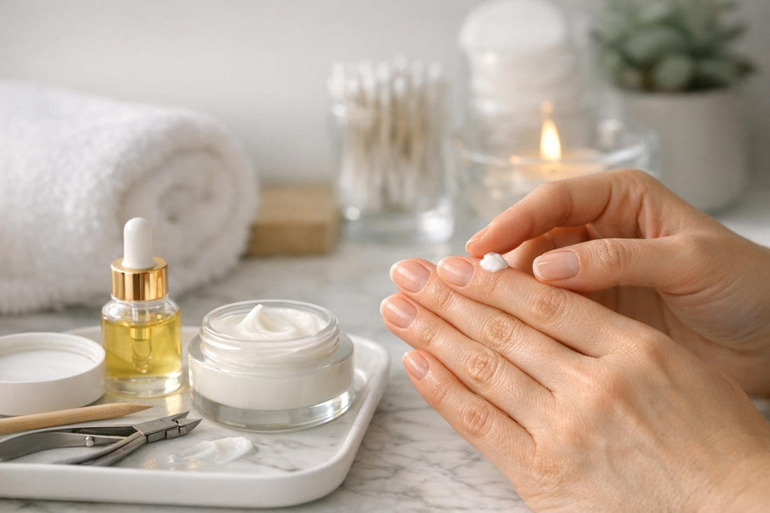 Beginner applying cuticle repair cream to clean nails