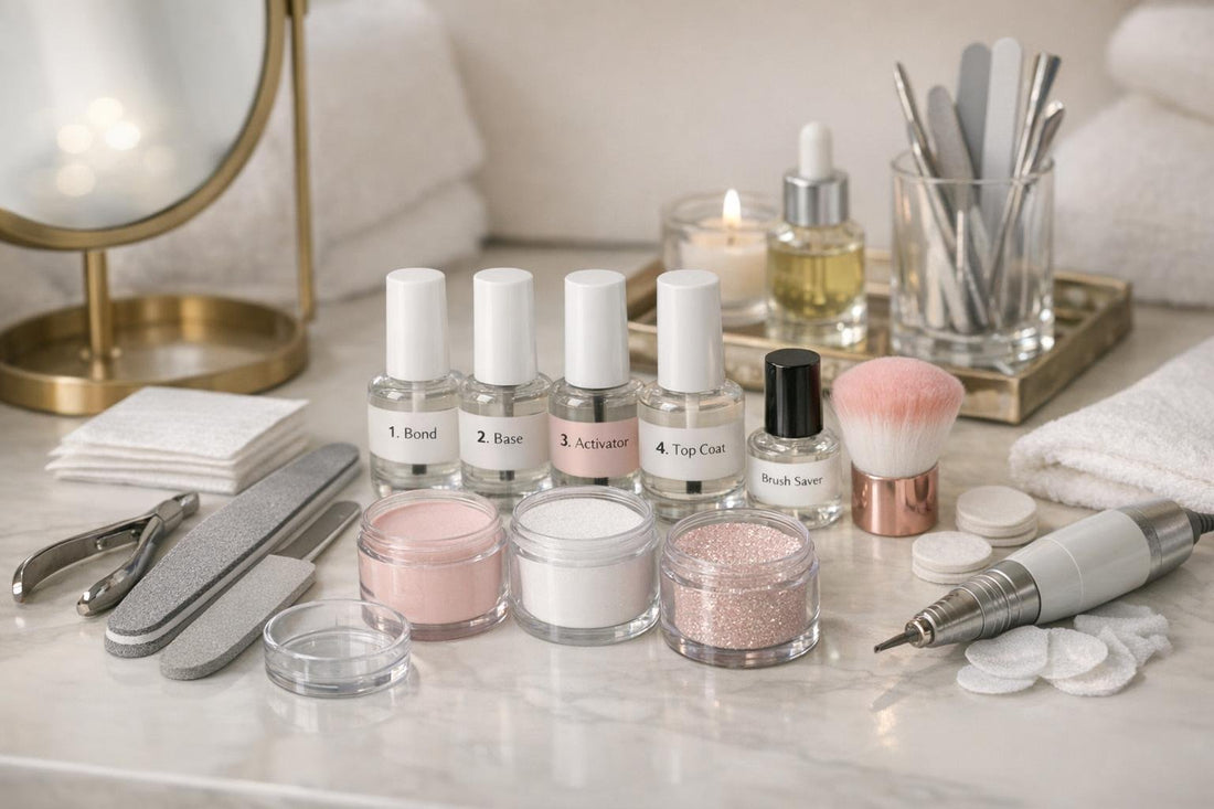 Beginner dip manicure essentials laid out for at-home use