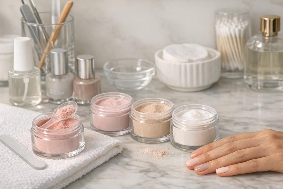 Beginner dip manicure powders in neutral shades on nails