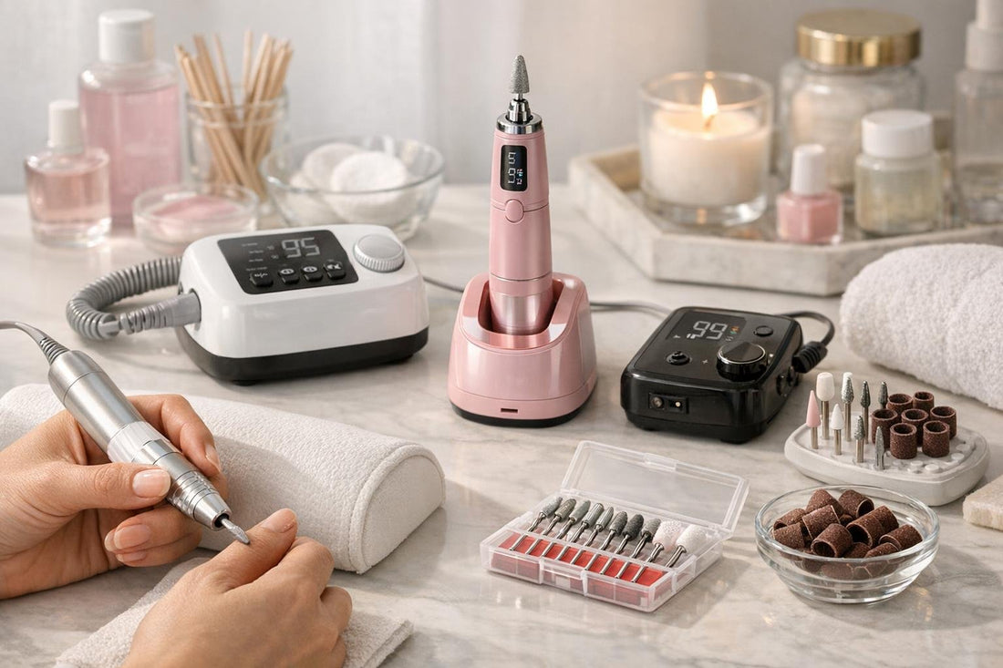 Beginner using electric nail drill portfolio at home