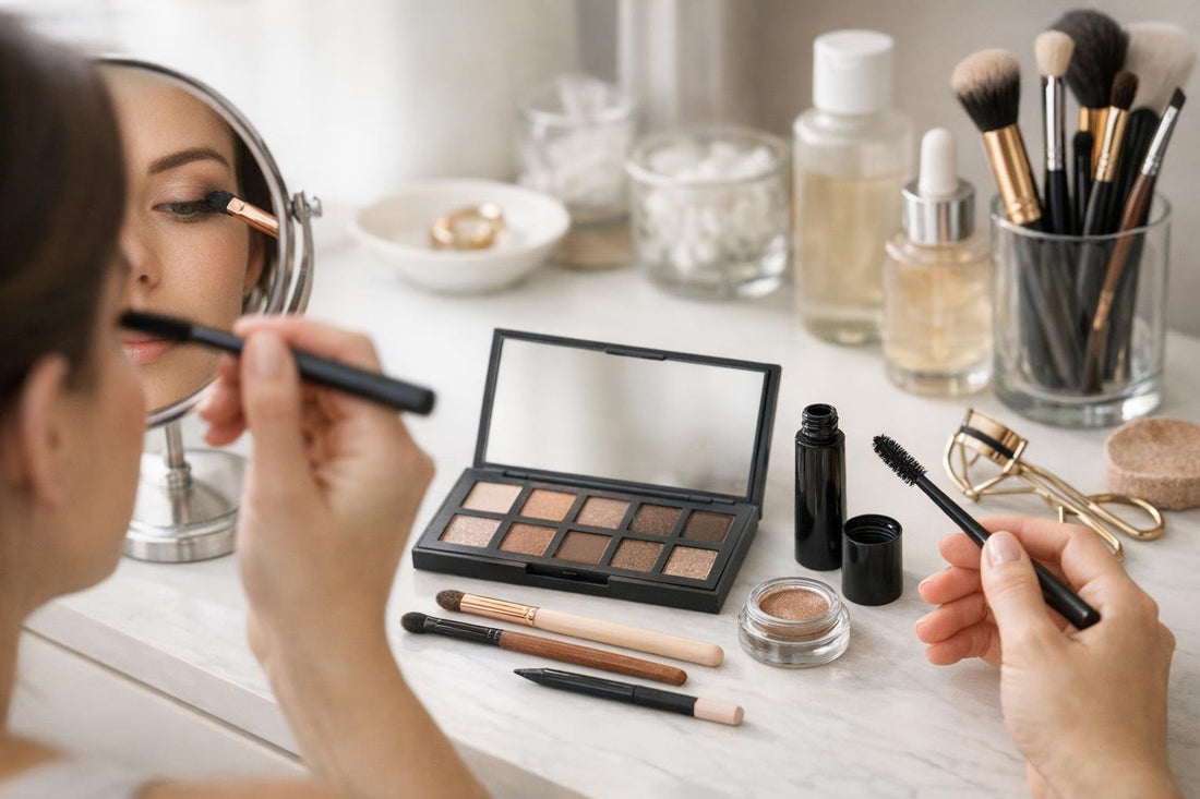 Beginner applying neutral eyeshadow and mascara for everyday look