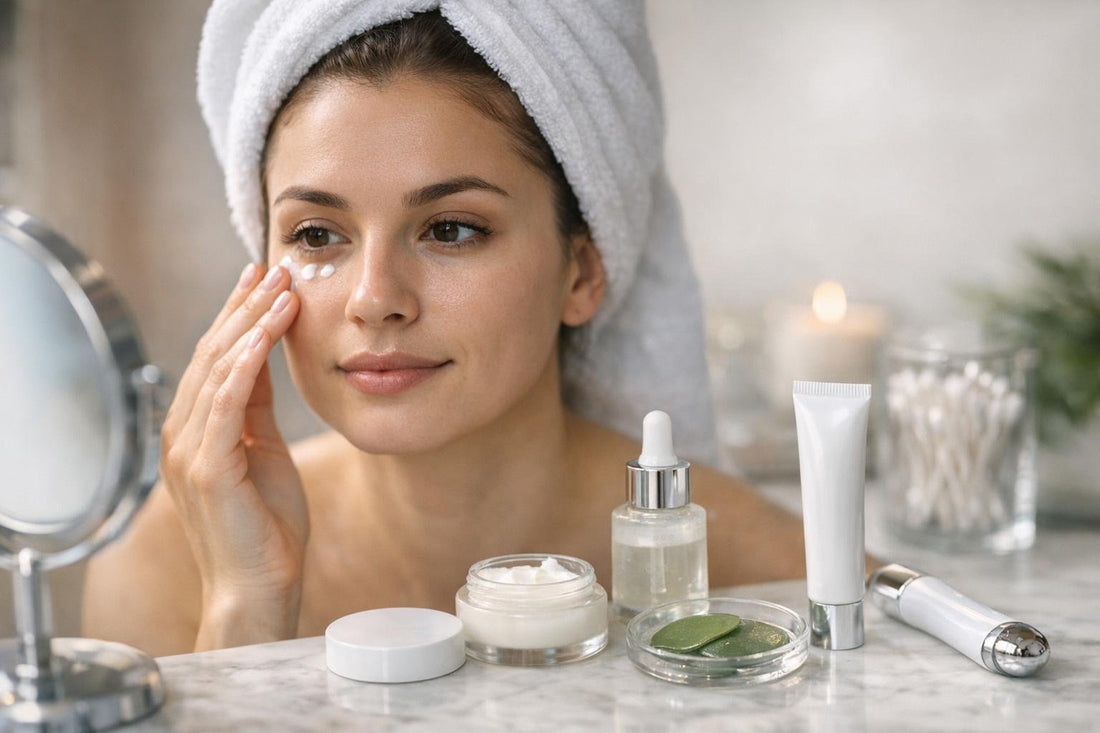 Beginner applying gentle eye cream under eyes at home
