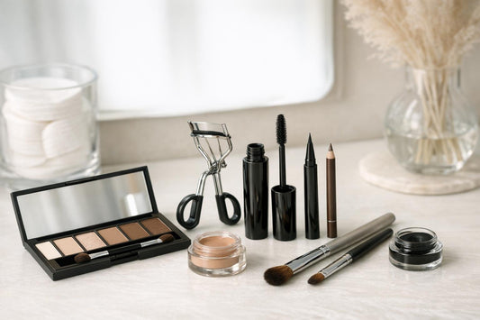 Beginner eye makeup essentials laid out for simple looks
