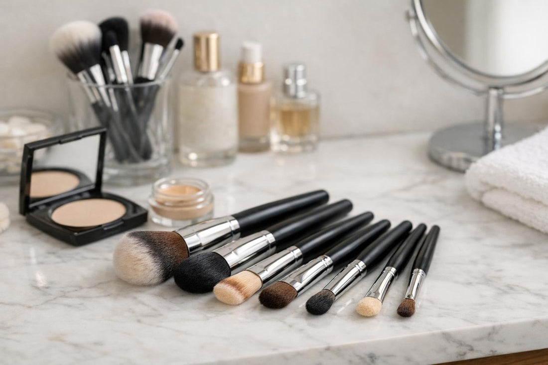 Beginner face makeup brushes arranged for everyday routine