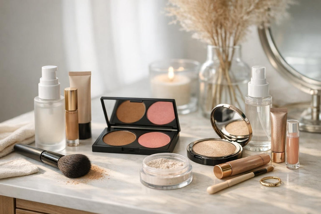 Beginner applying natural face makeup essentials at home