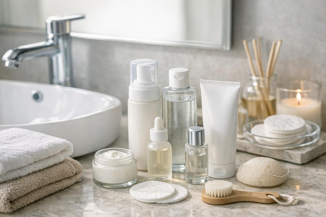 Beginner facial cleansing essentials laid out beside a sink
