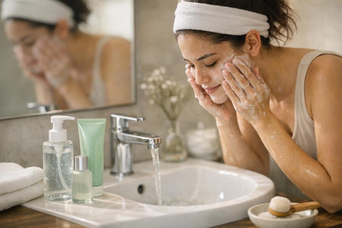 Beginner applying facial cleansing gel at bathroom sink