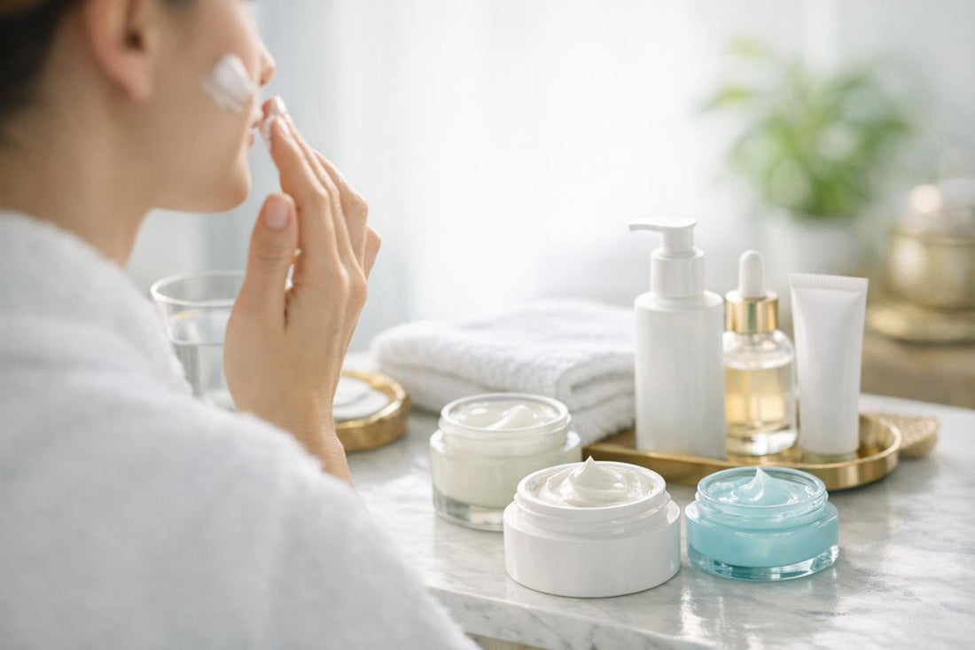 Beginner applying facial moisturizer in simple AM skincare routine