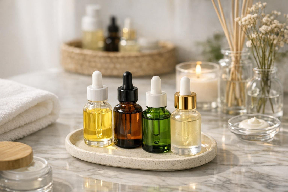 Beginner facial oils portfolio bottles on bathroom counter