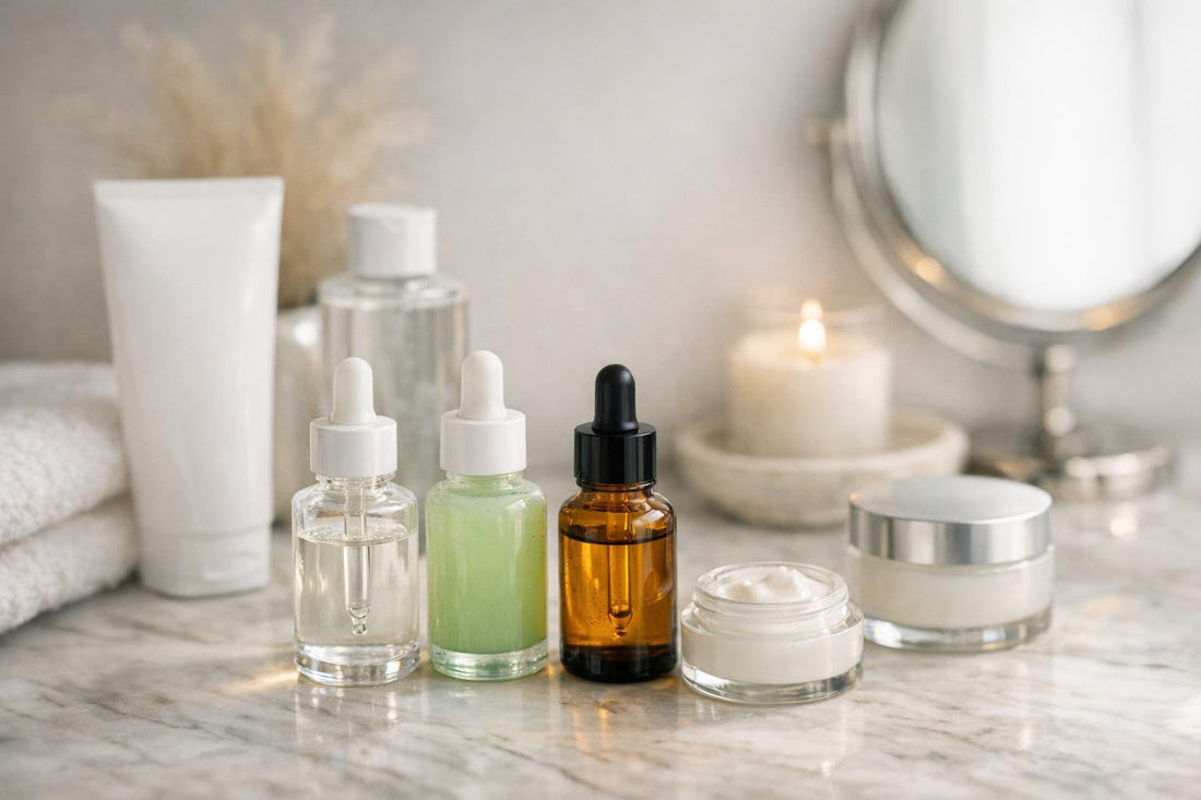 Beginner facial serums arranged with cleanser and moisturizer