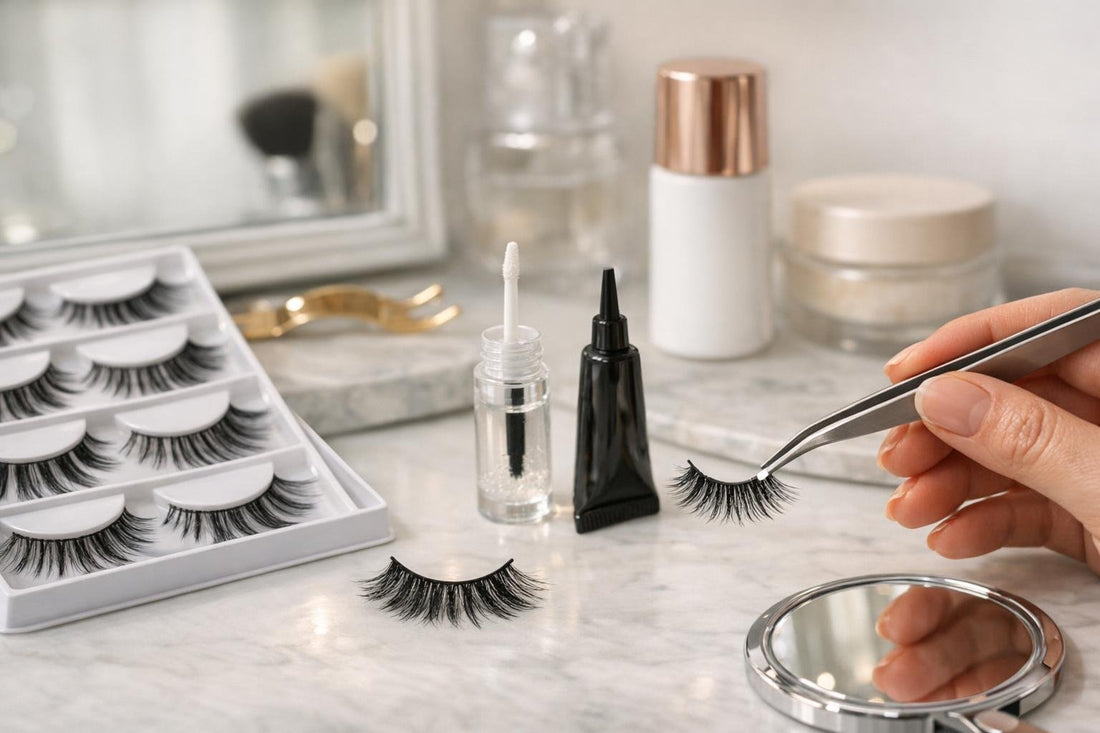 Beginner applying false eyelashes with adhesive and tweezers