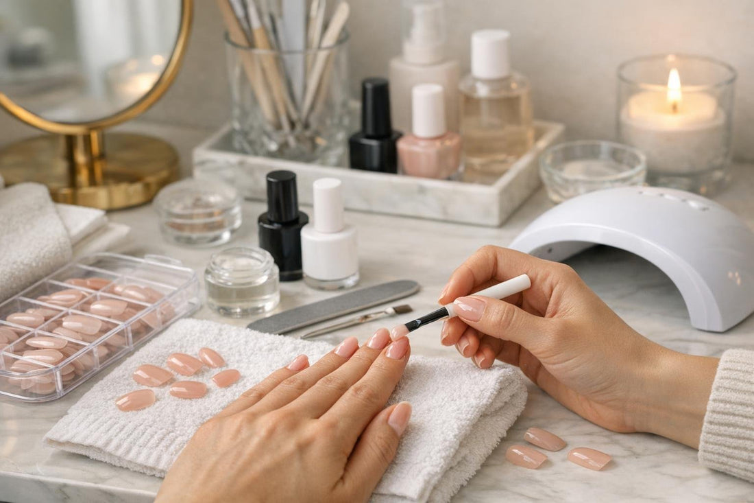 Beginner applying gel false nails at home neatly