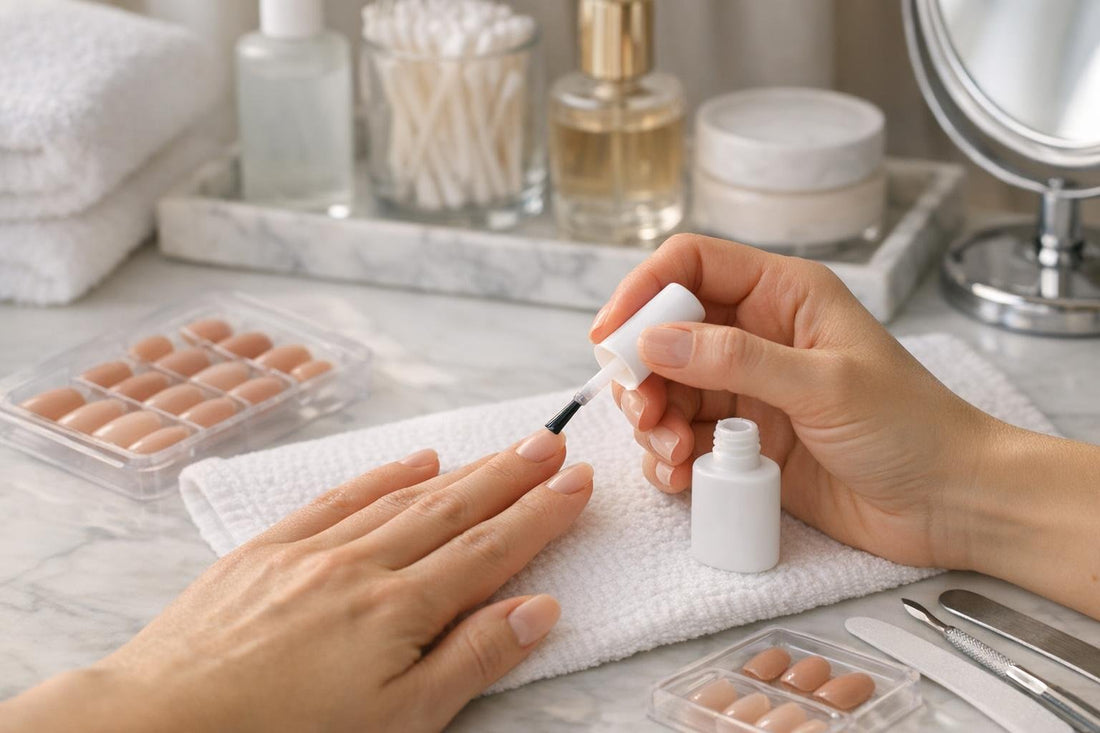 Beginner applying brush-on false nail glue at home