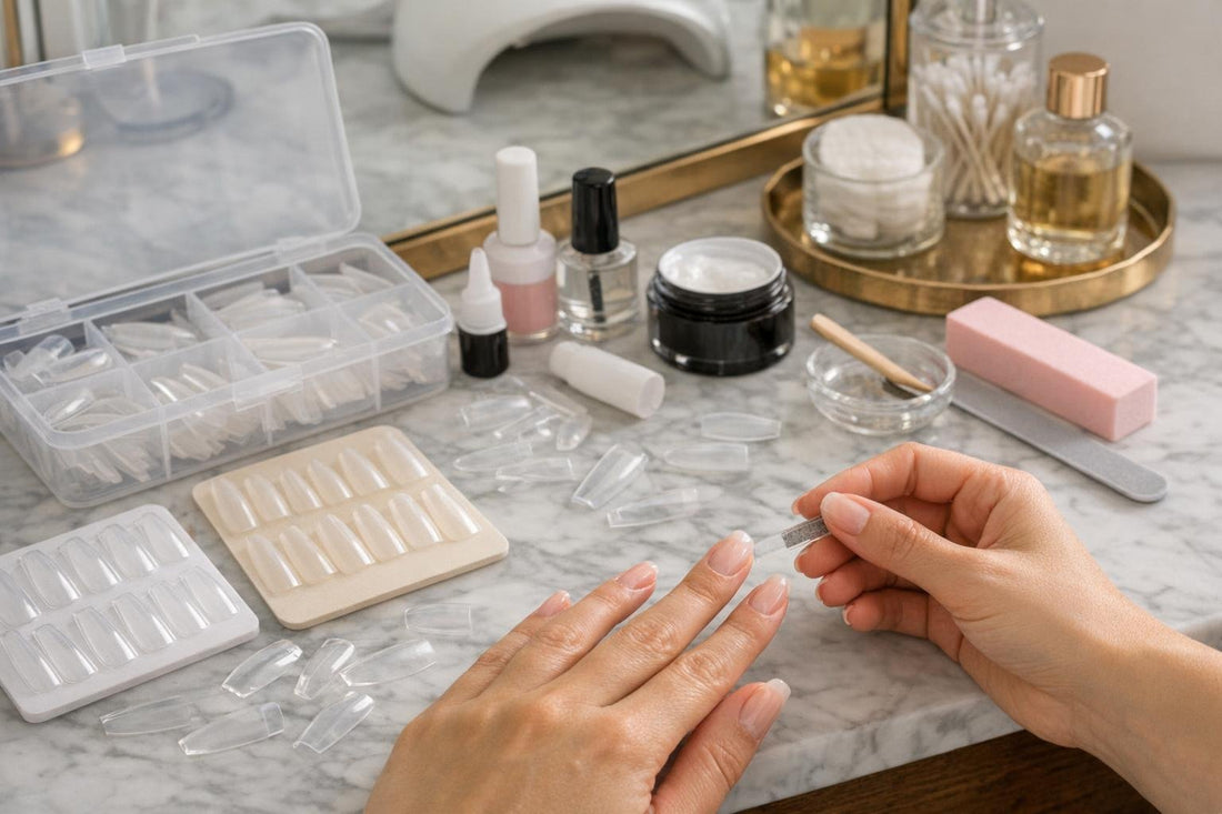 Beginner applying false nail extension tips at home