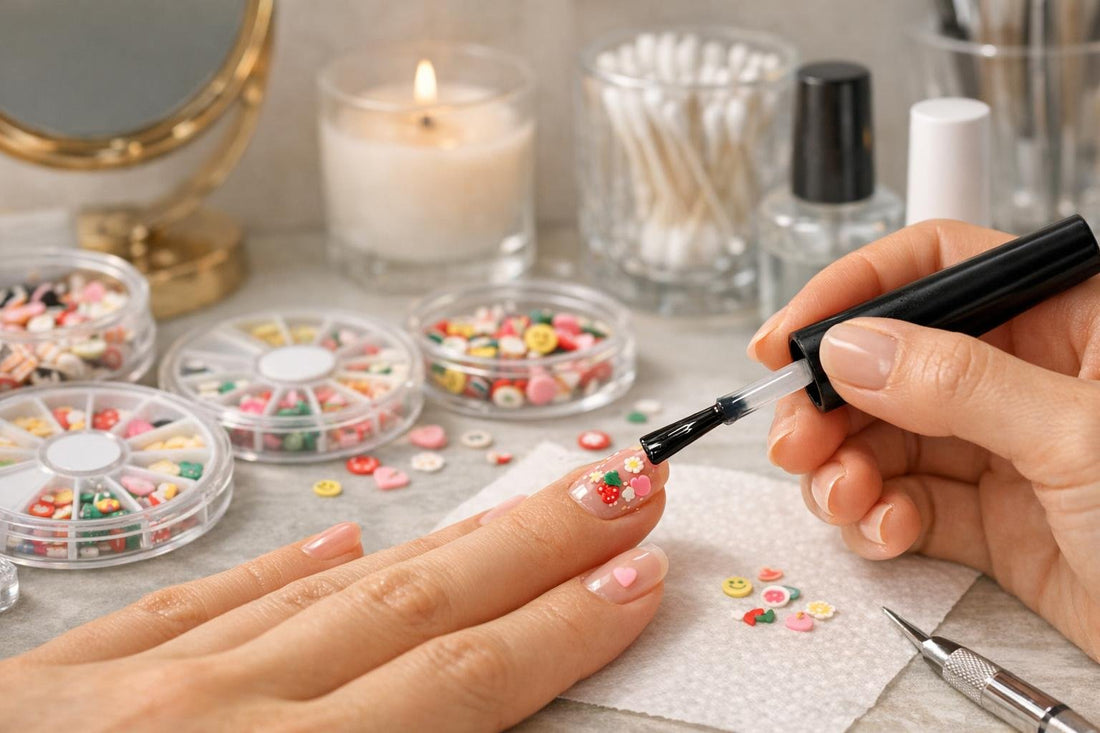 Beginner placing fimo nail art charms under glossy top coat