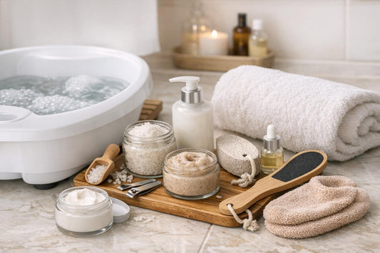 Beginner foot bath essentials laid out beside towel