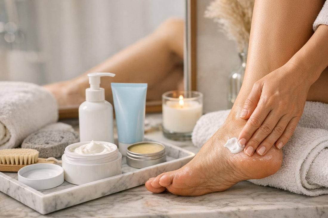 Beginner applying foot cream for soft, smooth heels