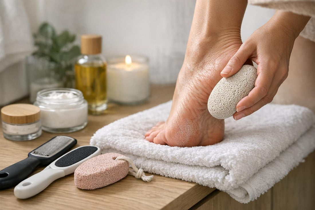 Beginner using a pumice stone on dry heels