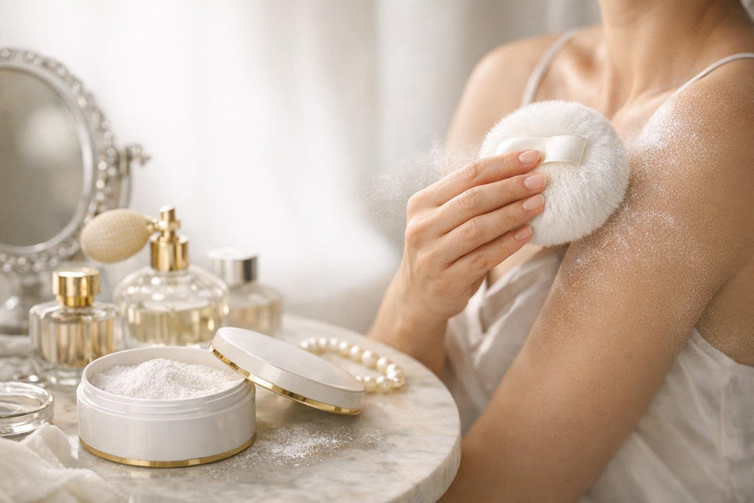 Beginner applying fragrance dusting powder for a soft scent