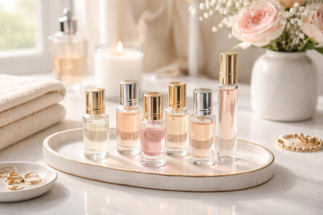 Beginner-friendly women’s fragrance set minis on a vanity